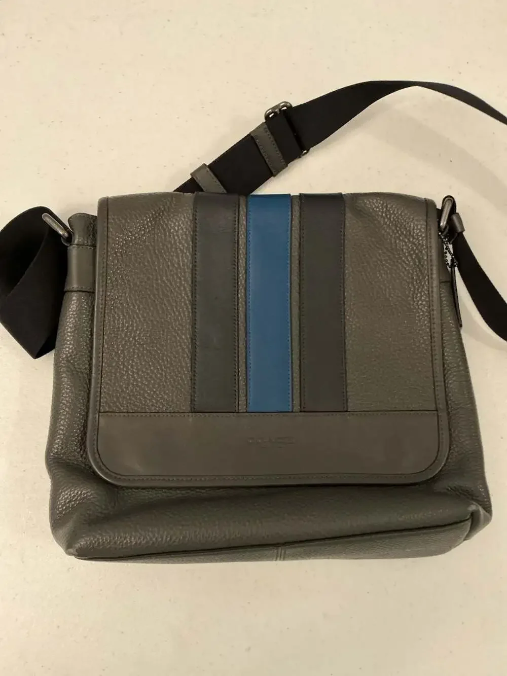 Coach Bond Small Messenger Bag in Pebble Leather with Blue and Black Stripe